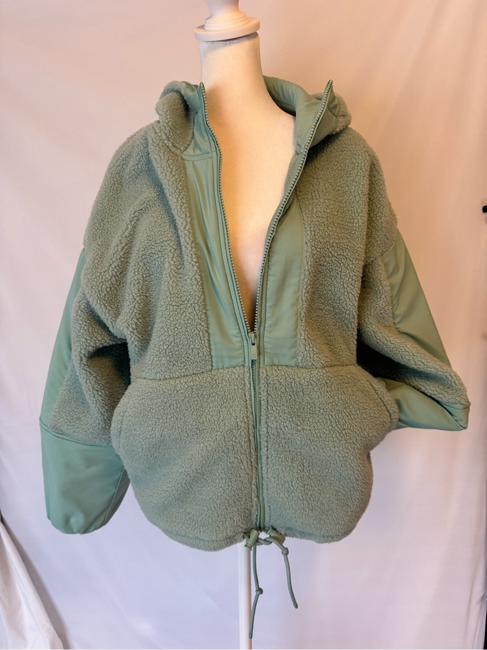 all in motion Sage Minty Green Sherpa Zip-Up Hooded Jacket with Solid Panels - Picture 3 of 14